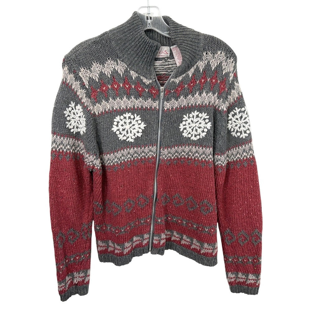 Basic Editions XL Christmas Sweater Holiday Full Zip Snowflake Wool VTG 982